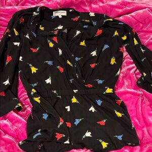 American Apparel Black Floral Wrap Romper with Red Yellow Blue White Blossoms